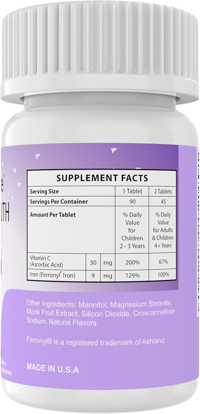 Kids Chewable Iron Supplement, Ferronyl® Carbonyl Iron 9 mg, Vitamin C 30 mg, Grape Flavor, 90 Tablets (1 Bottle)