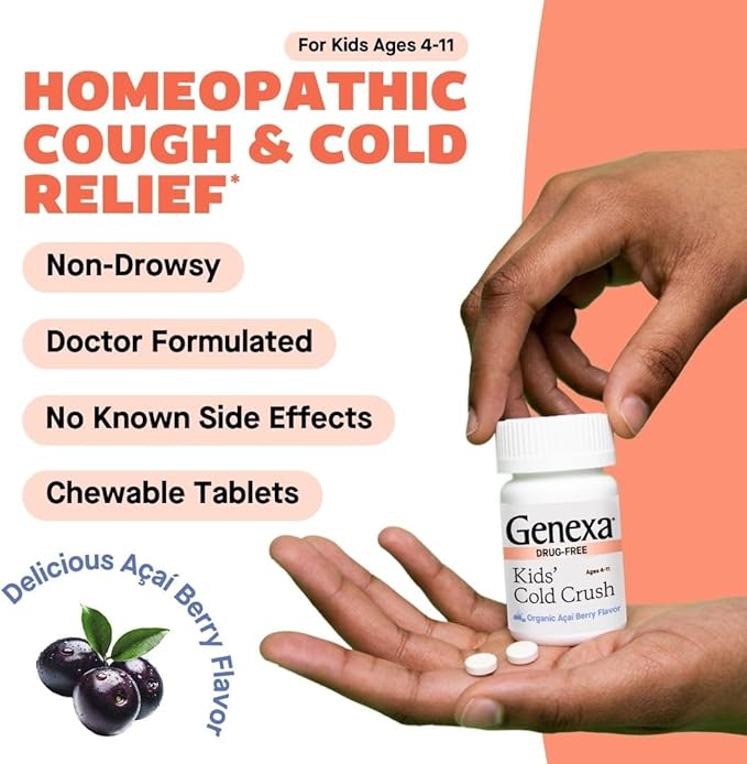Genexa Kids' Cold Crush | Multi-Symptom Cough & Cold Relief for Children | Delicious Organic Acai Berry Flavor | Certified Organic & Non-GMO | Homeopathic Remedy Made Clean | 180 Chewable Tablets