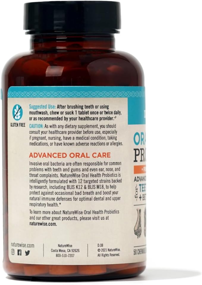 NatureWise Oral Probiotics for Teeth & Gums & Fresh Breath* - Chewable Sugar-Free Mint Tablet - Dental Support for Kids & Adults w/ BLIS K12 & M18 - Non-GMO - 50 Count[50-Day Supply]