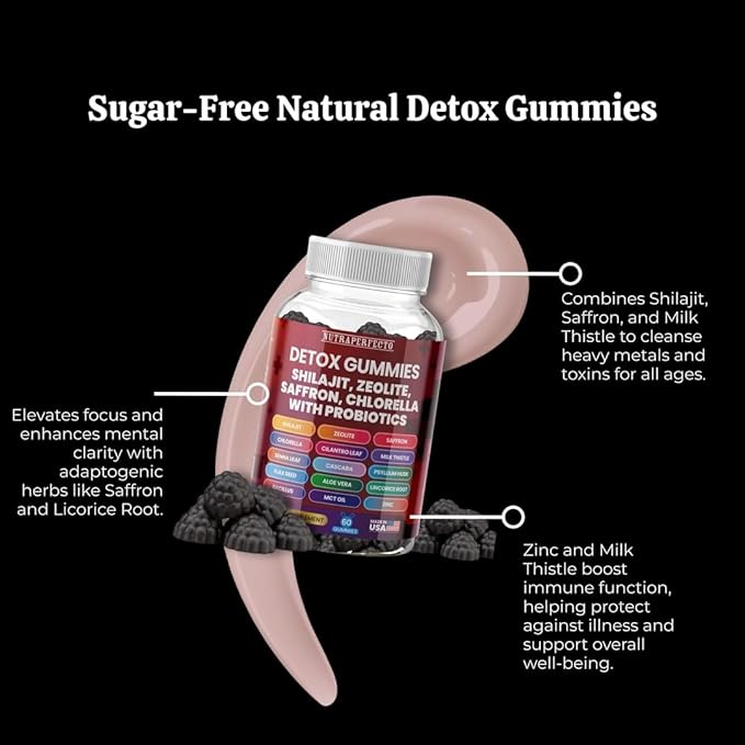 Sugar Free Zeolite Detox Gummies Shilajit Saffron Probiotics Chlorella Psyllium Husk Saffron Senna Leaf Magnesium Citrate Zinc Milk Thistle Heavy Metal Kids Adults Energy and Focus