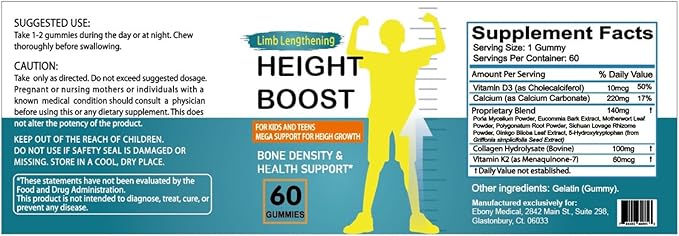 Height Boost Bone Growth Gummies for Kids & Teens – Natural Growth Support with Calcium, Vitamin D3, K2, Collagen Hydrolysate & Herbal Blend – Bone Strength & Height Supplement – 60 Gummies