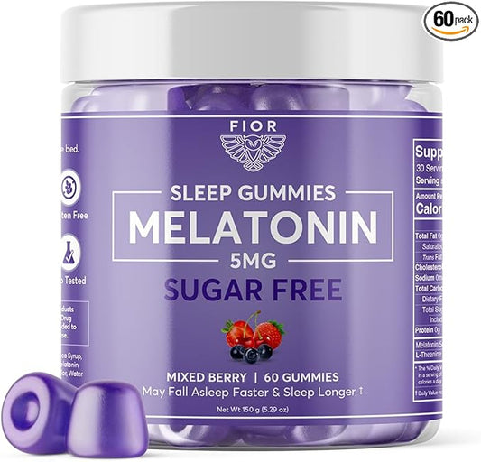 FIOR Sugar Free 60-Count Sleep Aid & Calm Gummies, Melatonin Gummies Sleep Aids for Adults & Kids. Gummy Vitamins for Sleep. Adults & Kids Melatonin & L-Theanine Gummies Natural Herbal Sleep Aid.