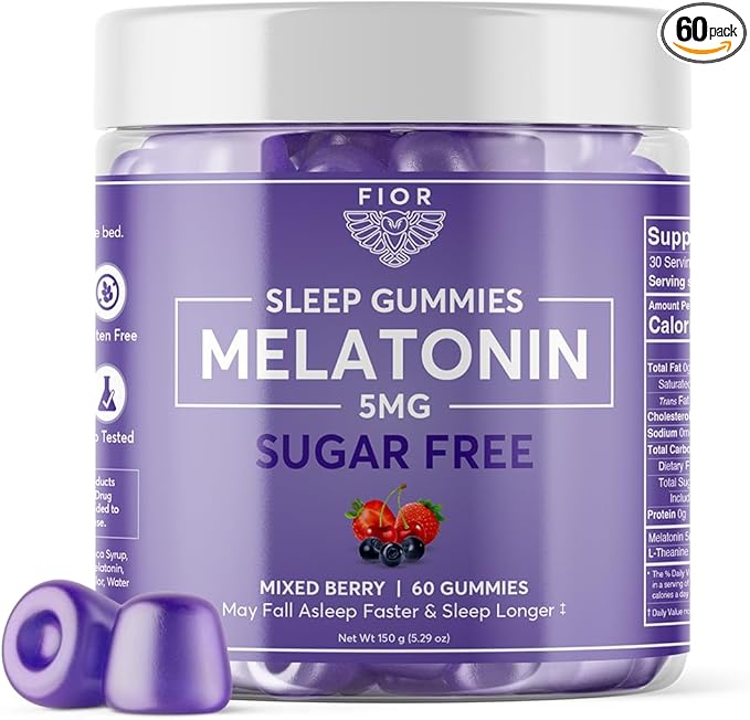 FIOR Sugar Free 60-Count Sleep Aid & Calm Gummies, Melatonin Gummies Sleep Aids for Adults & Kids. Gummy Vitamins for Sleep. Adults & Kids Melatonin & L-Theanine Gummies Natural Herbal Sleep Aid.