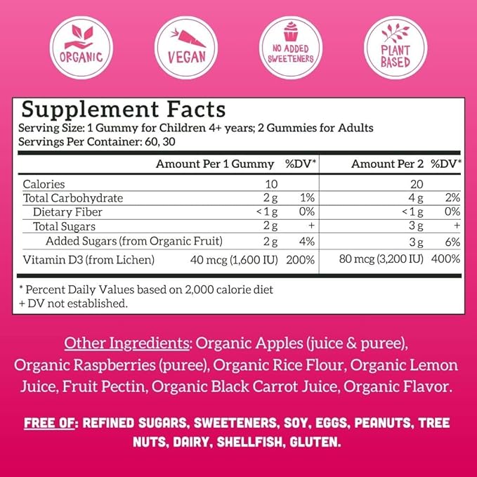 Llama Naturals Vitamin D3, Vegan, Organic Immune Support Supplement, Vitamin D Gummies for Adults and Kids, Real Fruit Gummy Vitamins, Promotes Bone Health, No Added Sugar Cane, Raspberry, 60 Ct