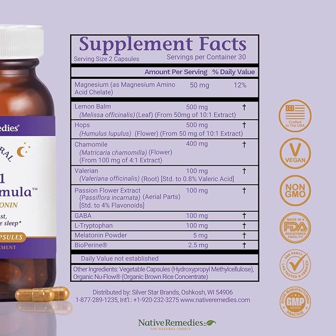Native Remedies 10-in-1 Formula Natural Sleep Aid for Adults & Kids 4+ - Sleep Supplement with Melatonin 5mg, Magnesium, Valerian Root, Chamomile – Sleeping Aid Support, Non-GMO, Vegan - 60 Capsules