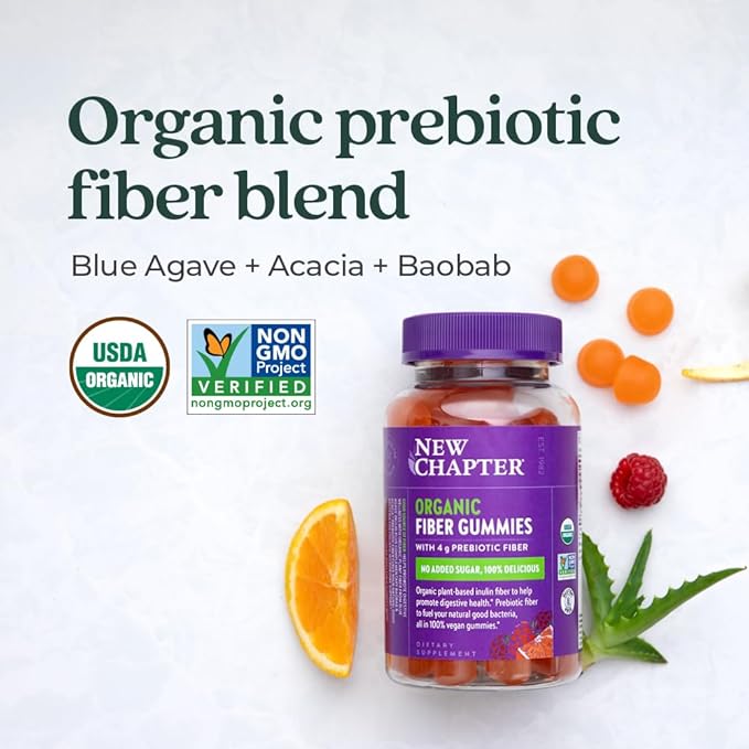 New Chapter Organic Fiber Gummies for Adults & Kids (Age 4+), Plant-Based Prebiotic Fiber for Digestive Health, Vegan, Non-GMO, USDA Organic, Gluten Free, Citrus-Berry Flavored, 60 ct