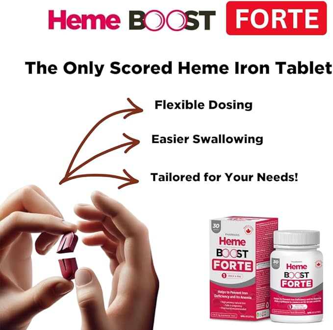 Hemeboost Forte 34.8 mg (696 mg Heme Iron) I 30 Tablets I High Potency Natural Iron Supplement I High Absorption & Gentle on Stomach I Iron Pills for Adults & Safe for Use in Pregnancy