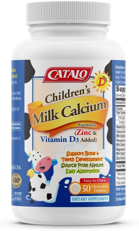 CATALO Children’s Milk Calcium Formula – Kids & Toddler Milk, Bone Supplement, Zinc & Vitamin D3 Added, Kids Vitamins, Toddler Formula 12-36 Months – 50 Chewable Tablets