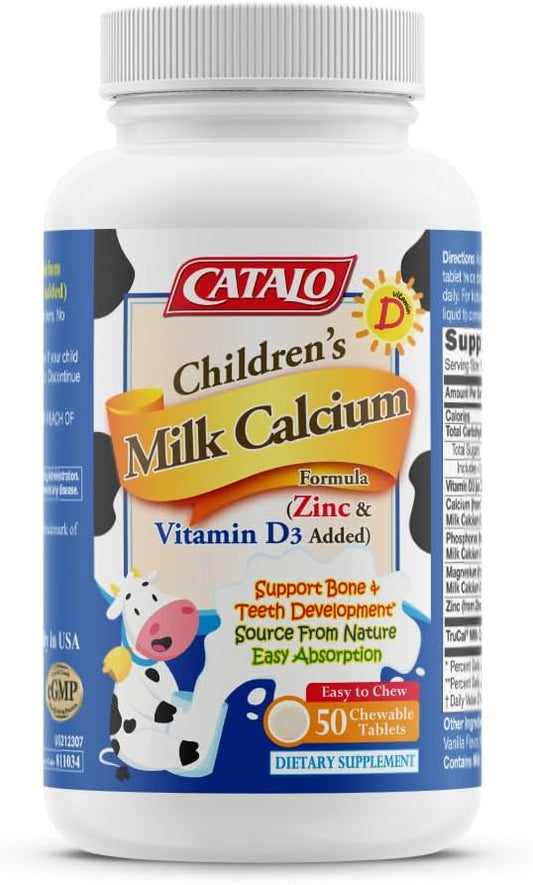 CATALO Children’s Milk Calcium Formula – Kids & Toddler Milk, Bone Supplement, Zinc & Vitamin D3 Added, Kids Vitamins, Toddler Formula 12-36 Months – 50 Chewable Tablets