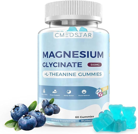 Magnesium Glycinate Gummies with L-Theanine, Ashwagandha & Chamomile Extract, Calm, Sleep, Stress Relief for Adults & Kids, Sugar-Free, Vegan, Blueberry Flavor, 60 Count