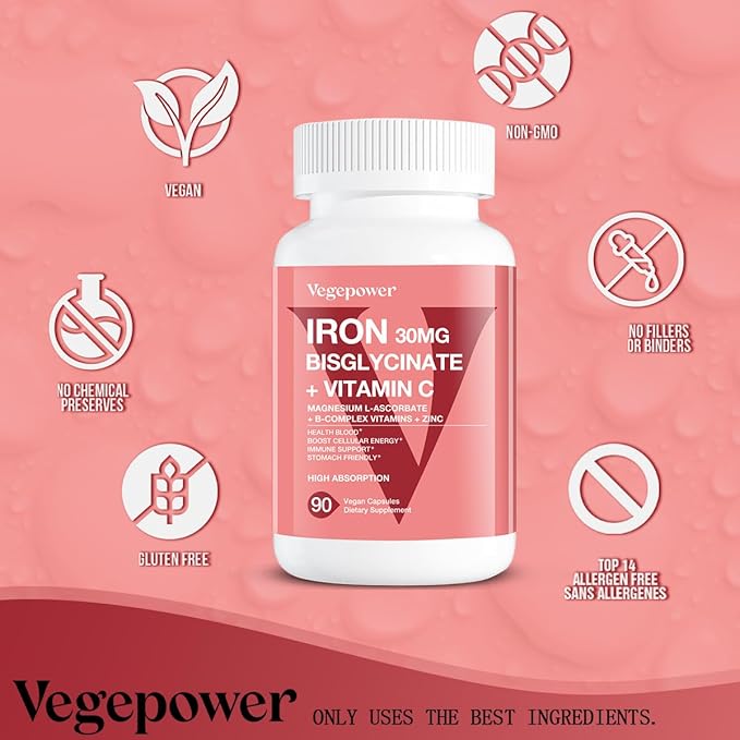 Iron Supplements for Women Men, Vegan Iron Bisglycinate 30mg Plus Vitamin C, B12, Folic Acid - Iron Pills for Anemia, Health Blood & Energy Support - Gentle, High Absorption, Non-GMO - 90 Capsules