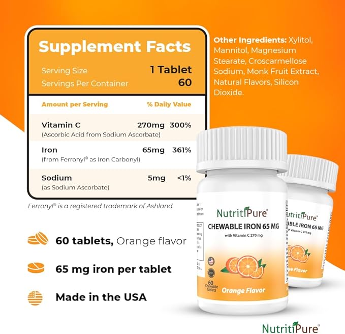 Chewable Iron 65 mg with Vitamin C 270 mg - Tablet in Orange Flavor 60 Count (2)