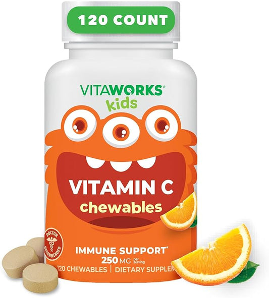 Kids Vitamin C Chewable Tablets | 250 mg | Great Tasting, Naturally Sourced Orange Flavor | Vegan, Non GMO, Gluten Free, Vitamins | for Immune Support | for Children | 120 Chewables