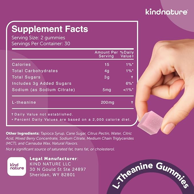 Kind Nature L-Theanine Gummies 200mg – Vegan Calm & Focus Supplement for Adults & Kids Ages 4+ – Mixed Berry Chewable, Low Sugar, Non-Drowsy*