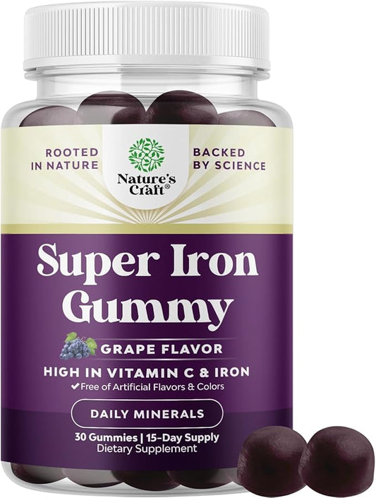 Extra Strength Iron Supplement Gummies for Women & Men - Chewable Iron with Vitamin C & B Complex for Energy, Blood Builder & Immune Support - Increase Red Blood Cells Supplement - 30 Count