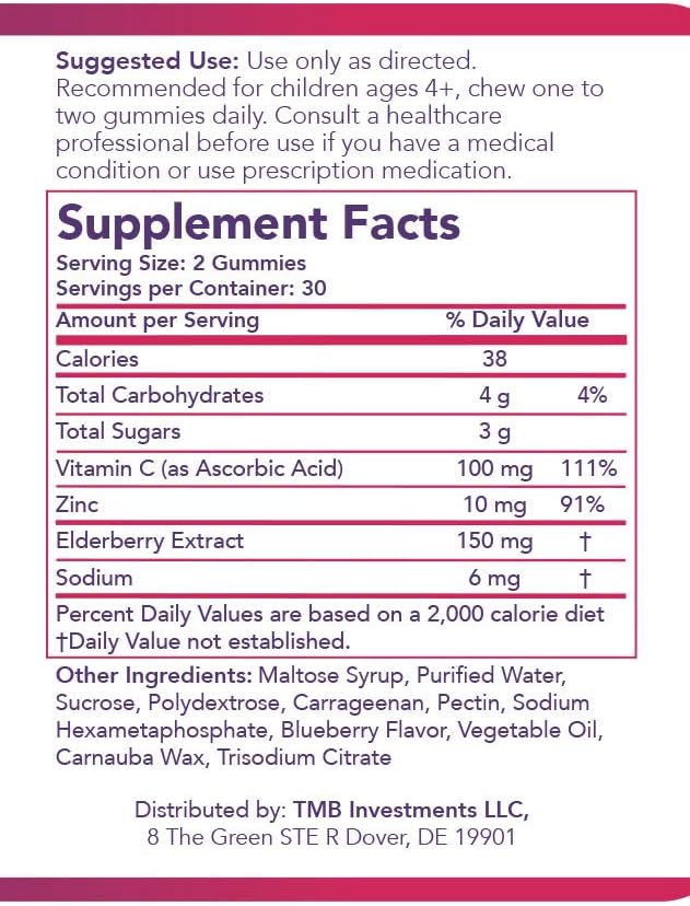Kids Natural Elderberry Immunity Support Gummies with Vitamin C & Zinc, Gluten Free, Vegetarian, 60 Gummies