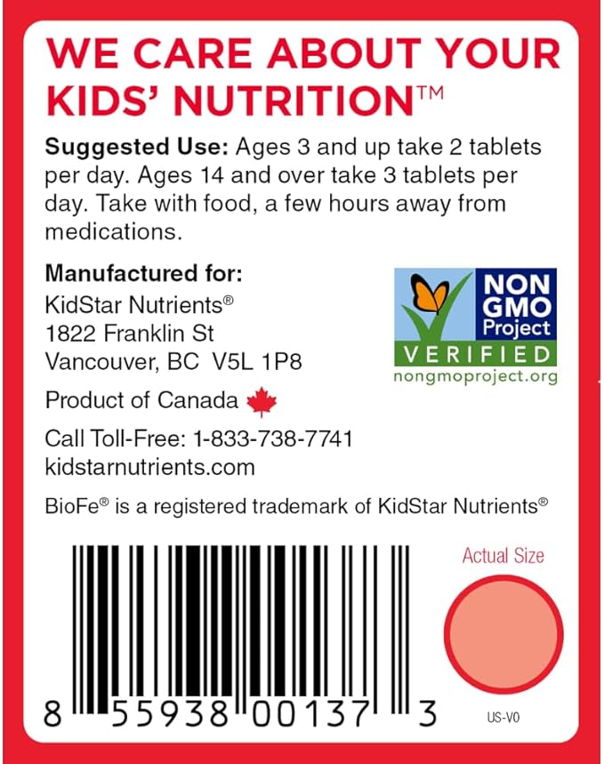 KidStar Nutrients BioFe Pure Iron Chewables for Kids & Adults, Sweet Blast, No Sugar, Sweetened with Xylitol, 120 Chewable Tablets