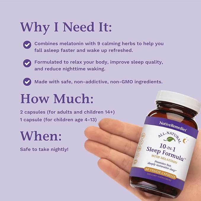 Native Remedies 10-in-1 Formula Natural Sleep Aid for Adults & Kids 4+ - Sleep Supplement with Melatonin 5mg, Magnesium, Valerian Root, Chamomile – Sleeping Aid Support, Non-GMO, Vegan - 60 Capsules