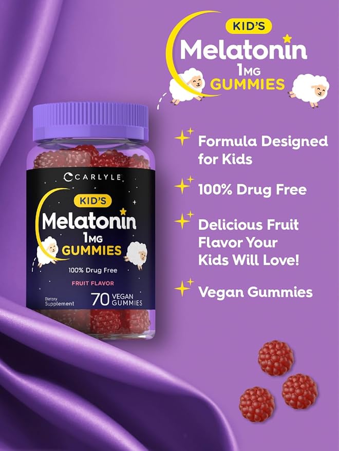 Carlyle Kids Melatonin Gummies | 1 mg 70 Count | Fruit Flavor Gummy | Vegan, Non-GMO, Gluten Free