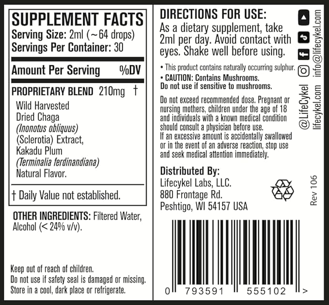 Lifecykel - Organic Chaga Mushroom Extract with Kakadu Plum - Double Extracted Mushroom Tincture - Non-GMO Immune Support Supplement for Adults and Kids - 2 Fl Oz