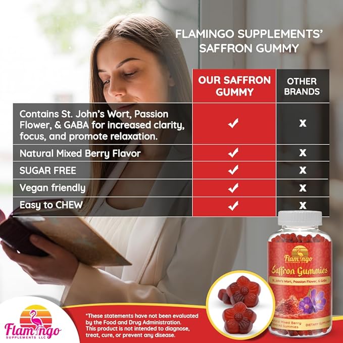 Saffron Extract Gummies-Sugar Free Saffron Supplement Enhanced with GABA, Saint John's Wort, Passion Flower- Saffron Supplements for Kids, Women, Men. Focus and Mood Support. 60 Saffron Gummies