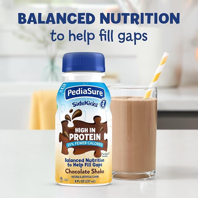 PediaSure SideKicks, Kids Protein Shake, With Key Nutrients and Protein to Help Kids Catch Up on Growth and Fill Nutrient Gaps, Chocolate, 8-fl-oz Bottle, Pack of 24