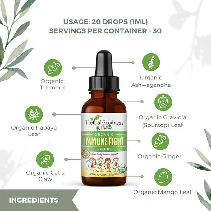 Kids Immune Support 1oz with Ashwagandha for Kids and Turmeric Herbal Supplements - Natural Kids Immune Booster Drops for Wellness and Immune Support for Kids - Non-GMO - Made in USA