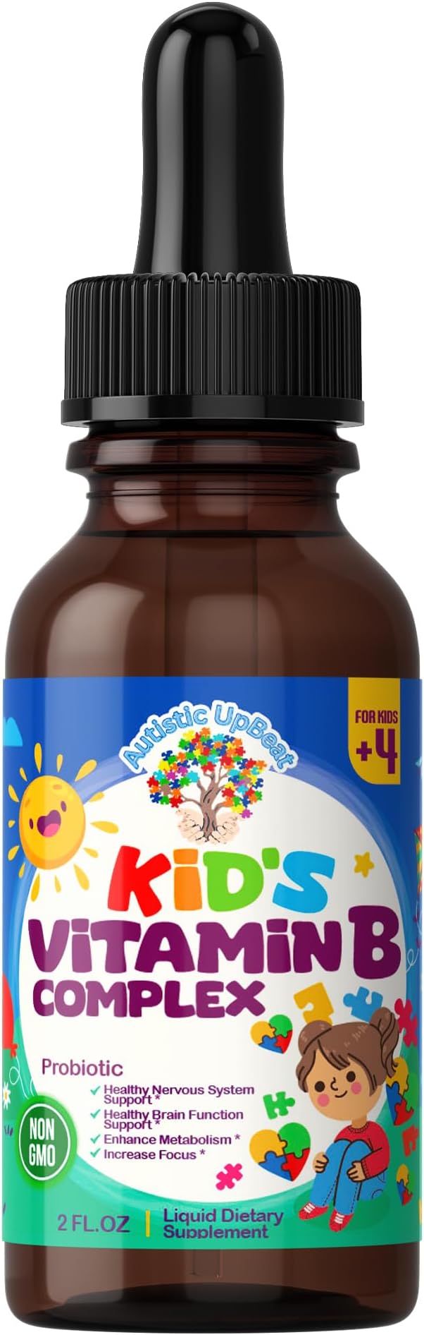 Autistic UpBeat: Kid's Vitamin B Complex | Kid-Friendly Drops | Unlfavored | B1, B2, B3, B6, B7, B9 & Methyl B12 | Brain Function, Focus, Metabolism | Kids B Complex Liquid Drops Supplement