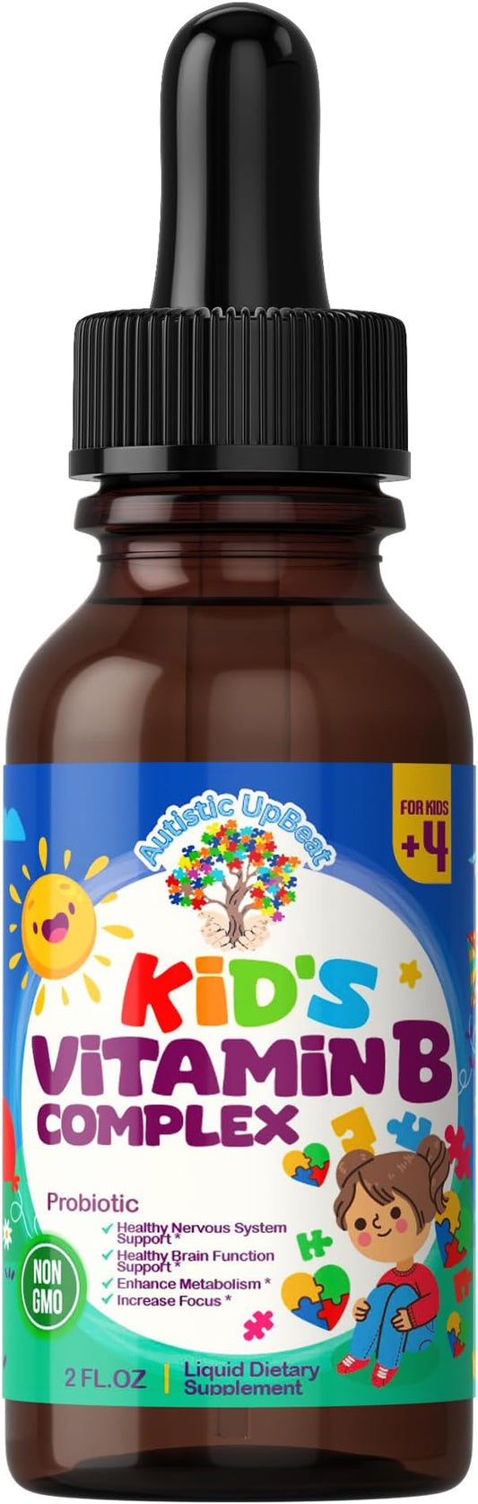 Autistic UpBeat: Kid's Vitamin B Complex | Kid-Friendly Drops | Unlfavored | B1, B2, B3, B6, B7, B9 & Methyl B12 | Brain Function, Focus, Metabolism | Kids B Complex Liquid Drops Supplement