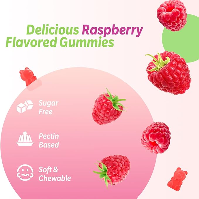 Magnesium Glycinate Gummies, High Absorption Magnesium Glycinate Supplements for Relaxation, Sugar Free Chews for Adults & Kids, Raspberry Flavor 60 Cts