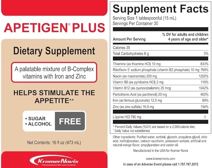 Apetigen-Plus® Vitamin B1, B2, B3, B5, B6, B12, Zinc, Iron, L-Lysine Liquid Supplement, Appetite Weight Gain Stimulant for underweight Kids and Adults, Sugar-Free, No Fish Oil, Orange-Flavored, 16oz