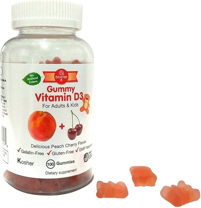 Vitamin D Gummy Bears - Pack of 100, for Adults & Kids | Peach & Cherry Flavored Chewable Vitamin D3 | Great for Healthy Bones, Teeth, Immune System, Brain and Nervous System