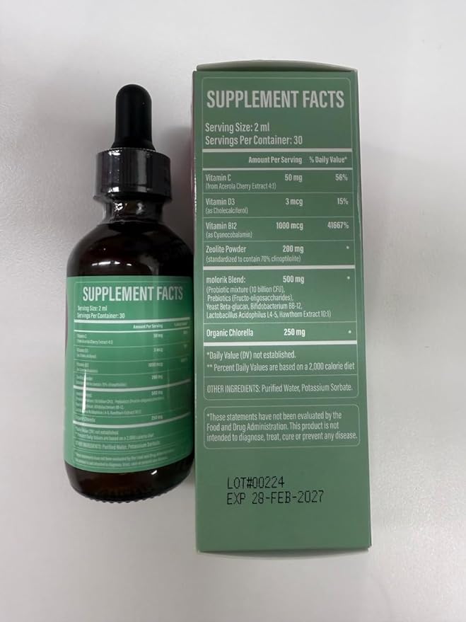 Zeolite Drops for Kids and Adults, 200mg Zeolite Liquid Drops with 1000mcg Vitamin B12, Organic Chlorella, 10 billion CFU & Prebiotics for Gut Support & Speech, Immune, Bone, Energy*, Strawberry, 60ML