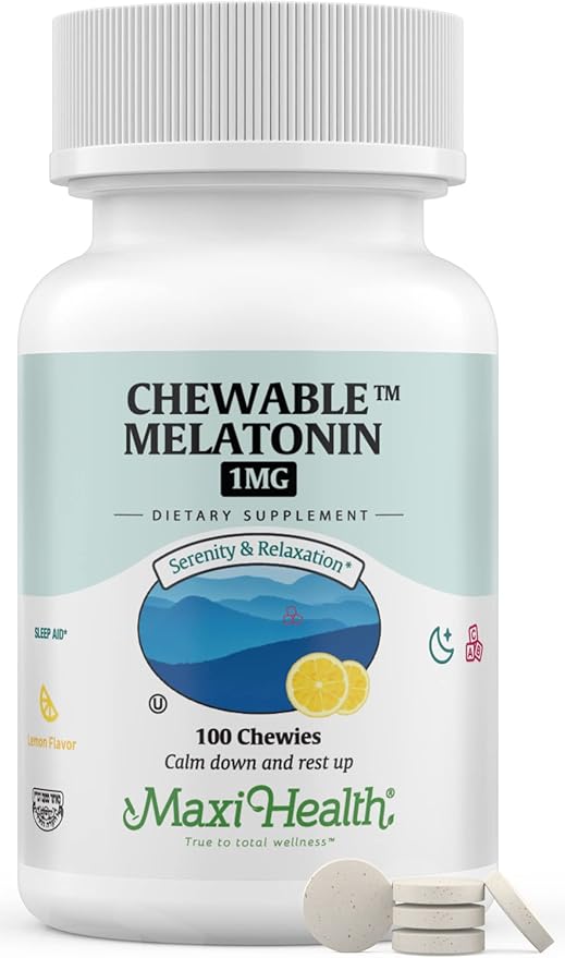Maxi Health Chewable Melatonin, Kosher Lemon Flavor, Melatonin for Adults & Kids, Natural Aid for Adults & Children, Melatonin Chewables Alternative to Melatonin Gummies Kids Dose, (100 Count)