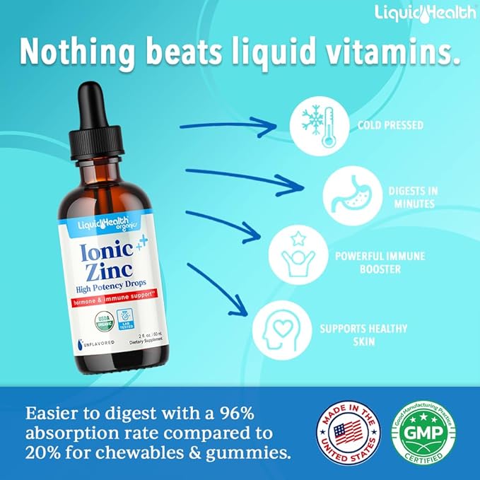 LIQUIDHEALTH USDA Organic Ionic Zinc High Potency Drops - Trace Mineral Liquid Vitamin Supplement for Adults & Kids - Immune & Digestive Support, Skin & Wound Health - USA Made, Vegan, Non-GMO (2 oz)