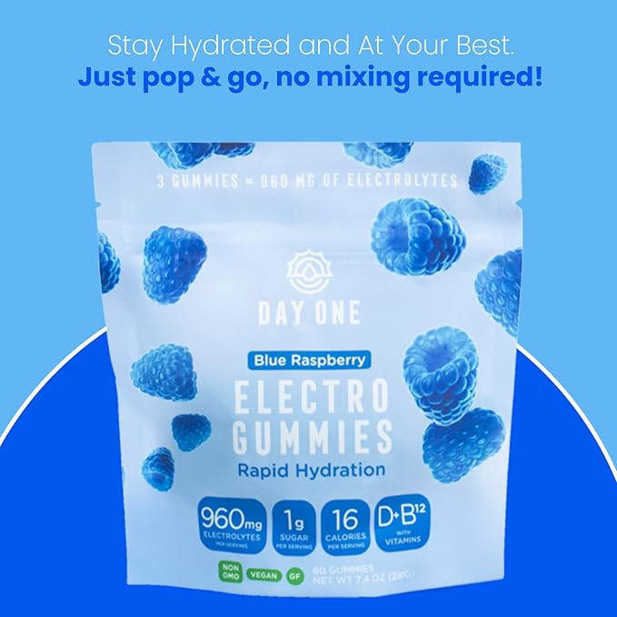 Day One ElectroGummies – Electrolyte Hydration Gummies – Ideal to Boost Hydration & Energy – Supplement for Post & Pre Workout – for Men, Women, Kids – Blue Raspberry Flavored – 60 Gummies