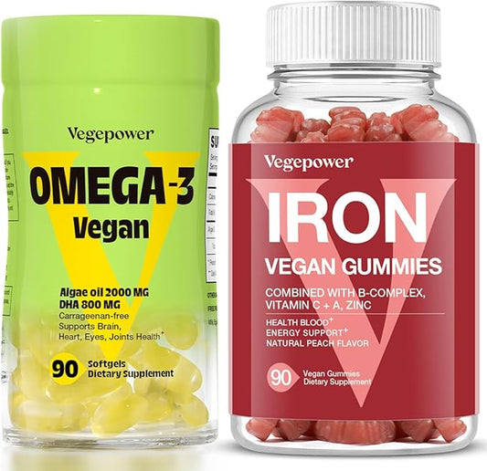 Vegan Iron Gummies + Vegan Algae Omega-3 DHA - Best Vitamin Supplement for Women & Men, Non-GMO, Gluten-Free