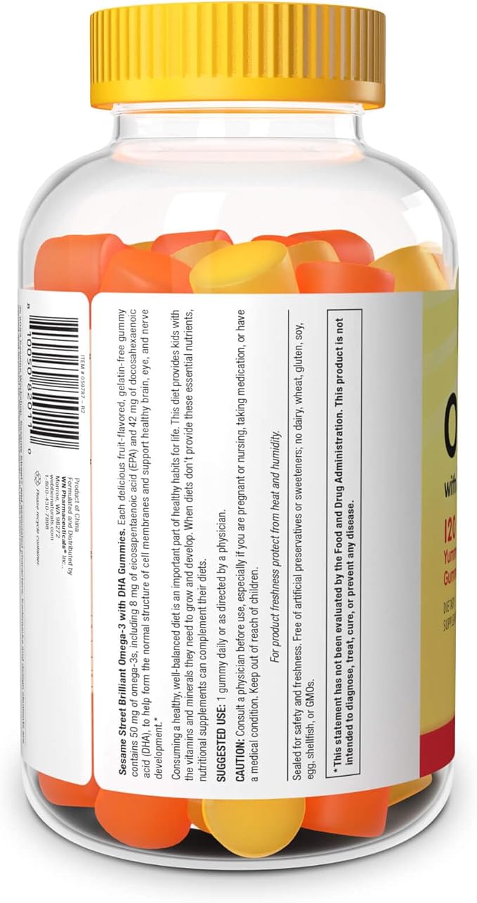 Sesame Street Omega 3 Gummies for Kids, 50 mg of Omega-3 per Gummy, 4 Month Supply, No Fishy Aftertaste, Shellfish Free Supplement, Brain & Eye Support, 120 Gummies
