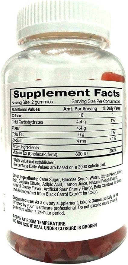 Vitamin D Gummy Bears - Pack of 100, for Adults & Kids | Peach & Cherry Flavored Chewable Vitamin D3 | Great for Healthy Bones, Teeth, Immune System, Brain and Nervous System