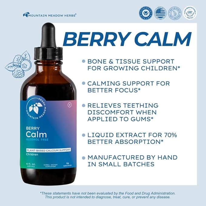 Mountain Meadow Herbs Berry Calm for Kids | Great Tasting Herbal Calcium Supplement for Strong Bones & Teeth | Improves Focus and Relaxation | 4 Oz