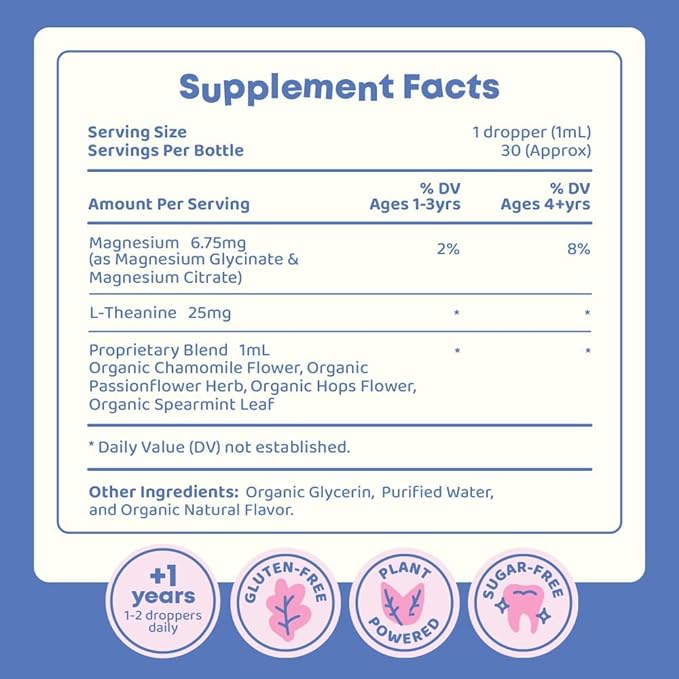 JoySpring Magnesium Citrate & Glycinate Liquid for Kids – Sugar & Gluten-Free Supplement with L-Theanine & Chamomile – Supports Kids & Teens (1 fl oz, 30 Servings)