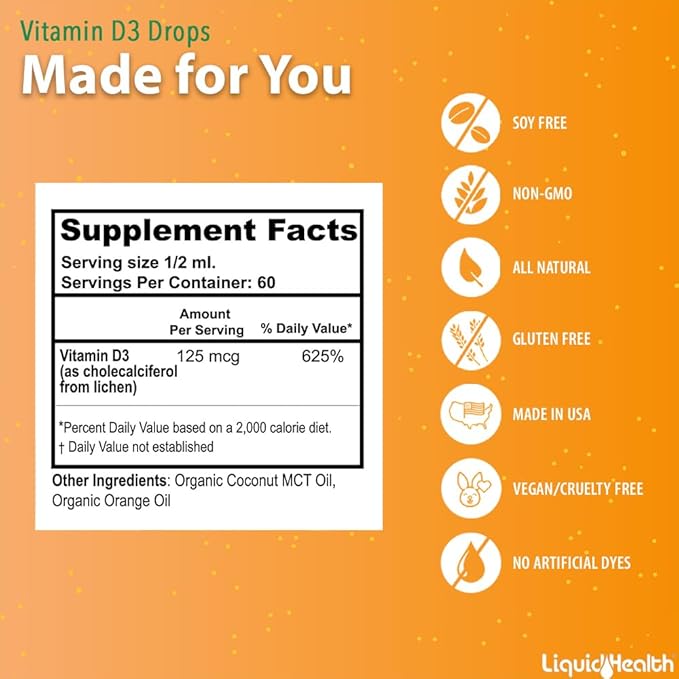 LIQUIDHEALTH Vitamin D3 5000 IU, USDA Organic Vitamin D Liquid Drops for Adults & Kids, Vegan Vitamin D for Immune System Support, Bone Health, Mood Support, Healthy Skin - Made in USA (2 oz)