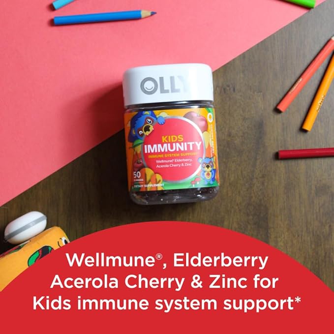 OLLY Kids Immunity Gummy, Immune Support, Wellmune, Elderberry, Vitamin C, Zinc, Chewable Supplement, Cherry - 50 Count & Gummy Active Immunity+Elderberry, 45 Gummies (1 Pack), Berry Flavor