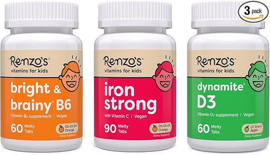 Renzo's Vitamins Mighty Kid Bundle - Iron Supplements for Kids, Vitamin D3 for Kids, and Bright & Brainy Vitamin B6