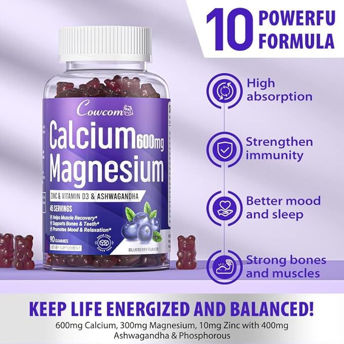 Calcium Magnesium Zinc Gummies for Kids Adults,High Absorption Magnesium Glycinate 300mg with Vitamin D3,B6,B12 for Bone,Muscles,Calm Mood,Sleep Support,Sugar-Free,Vegan,Blueberry Flavor,90 Counts