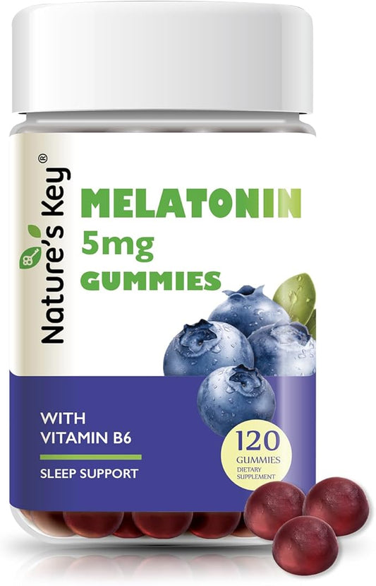 Nature's Key Melatonin Gummies for Kids & Adults, 2.5mg 5mg or 10mg Dose Gummy with Vitamin B6, Natural Blueberry Flavor 120 Ct