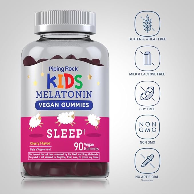 Piping Rock Kids Melatonin Gummies | 1mg | 90 Count | Supplement for Children | Cherry Flavor | Vegan, Non-GMO, Gluten Free