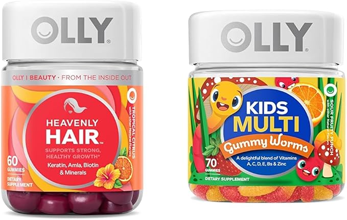 OLLY Hair Gummy 60ct & Kids Multivitamin Gummy Worms 70ct Supplement Bundles
