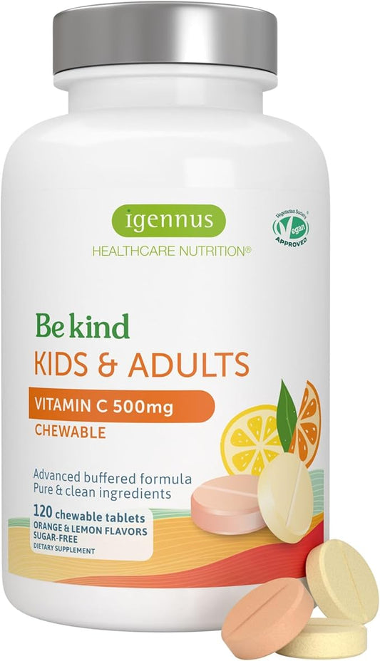 Igennus Gentle Buffered Vitamin C Chewable 500mg, No Artificial Colours & Natural Sugar Free Orange & Lemon Flavours, Kids & Adults, Vegan, Non-GMO, 120 Servings