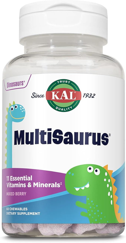 KAL MultiSaurus Kids Chewable Multivitamins, 11 Essential Vitamins and Minerals for Kids, Mixed Berry Flavor, Gluten and Preservative Free, 60 Servings, 60 Dinosaur-Shaped Chewables